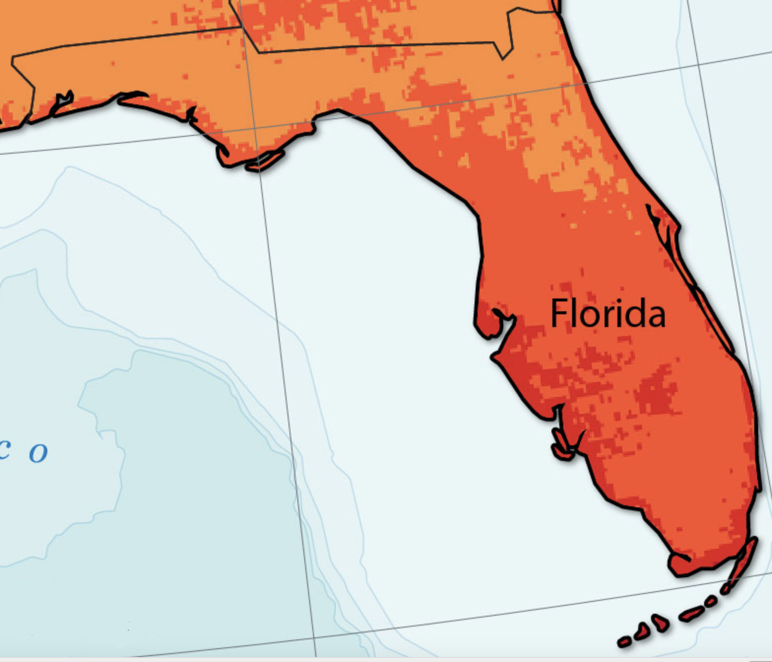 Annual average daily solar energy resources in Florida. Lighter shades indicate less solar energy available, darker shades indicate more. Map courtesy of the National Renewable Energy Laboratory.