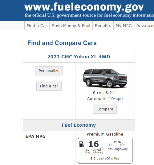 fuel economy info for the GMC Yukon
