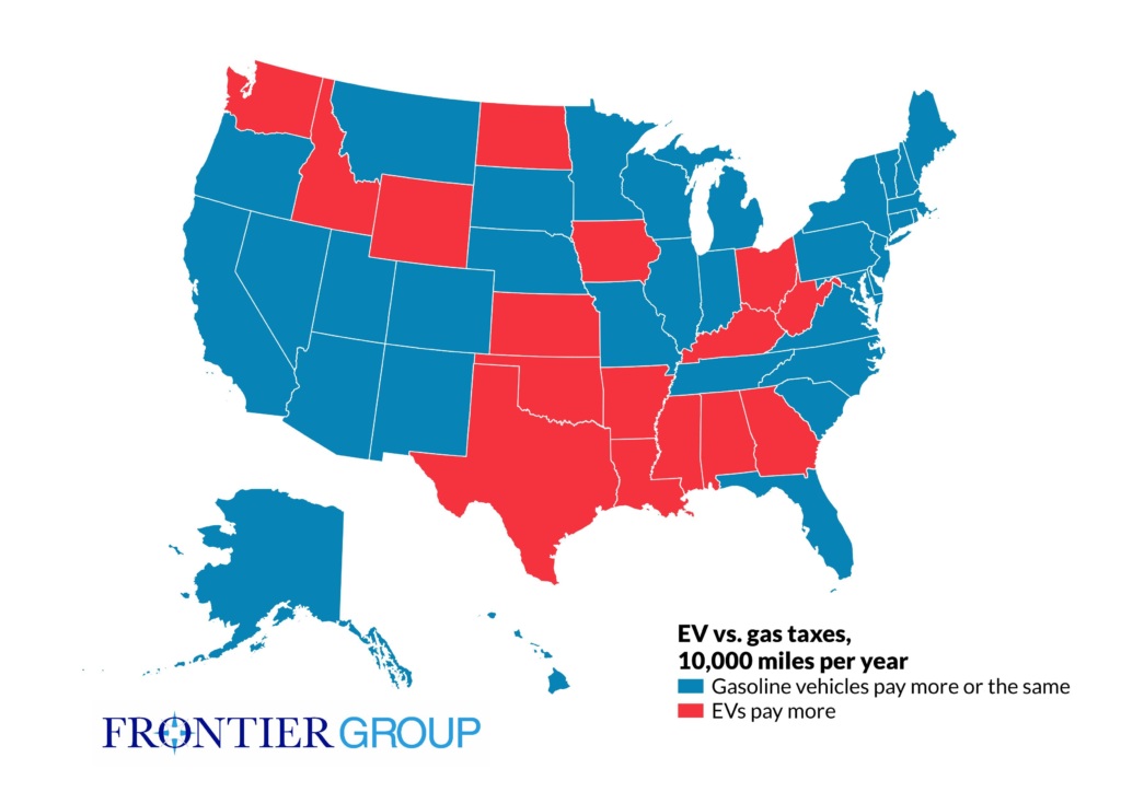 States that assess more in EV fees than gas taxes at 10,000 miles of driving a year